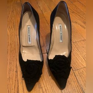 Manolo Blahnik black heels with flower